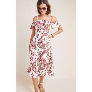 Anthropologie White Maxi Dress with Red Floral Print